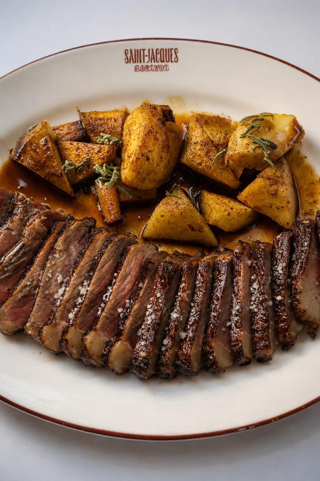 Res rebanada con papas al romero en platón de Saint-Jacques